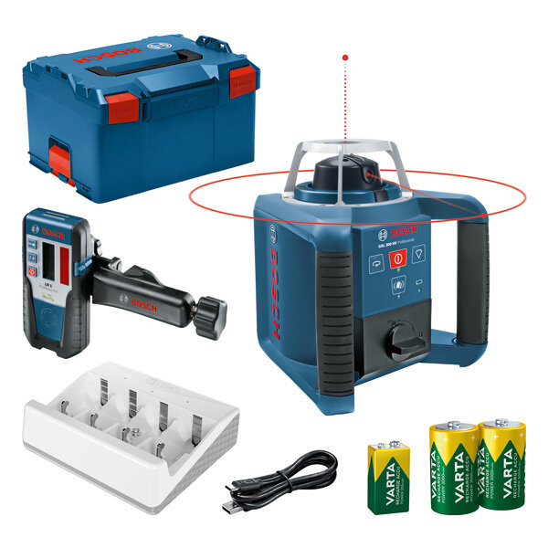 Bosch Rotationslaser GRL 300 HV + LR 1 in L-BOXX, inkl. LR 1 Empfänger, 2x HR20 & 1x 9V Akku, VARTA Ladegerät