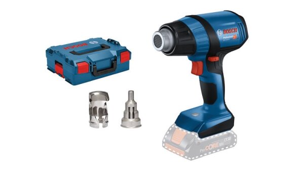 Bosch Akku-Heißluftgebläse GHG 18V-50 in L-BOXX, inkl. Duesen, ProCORE18V kompatibel, 2 Temp. Stufen, LED