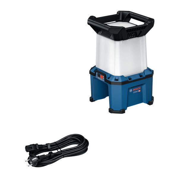 Bosch Akku-Bauleuchte GLA 18VH-7500, 7.500 lm, Hybrid (kabel/kabellos), USB-C, HMI, Montagehaken+5/8" Gewinde, Kaltgerätekabel