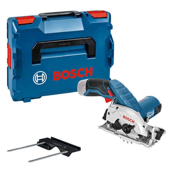 Bosch Akku-Kreissäge GKS 12V-26 in L-BOXX – 12V System, LED, Absaugadapter, Kreissägeblatt, Führungsschienenadapter