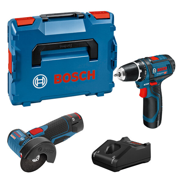 Bosch Combo Kit Set 2x 12V-Werkzeuge GSR 12V-15/GWS 12V-76 + 2x 2.0Ah Akku + GAL 12V-40 Ladegerät