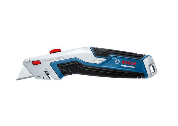 Bosch Universalmesser, einziehbare 3-Stufen-Klinge, Softgrip, werkzeugloser Wechsel, 3 Ersatzklingen im Griff