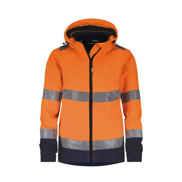 Damen Warnschutz-Softshelljacke Malaga mit Taschen & abnehmbarer Kapuze Gr. XS