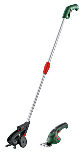 Bosch Akku-Gras- und Strauchschere Isio, Teleskopstiel, 3,6V Li-Ion, 50 Min Laufzeit, Ladegerät inkl.