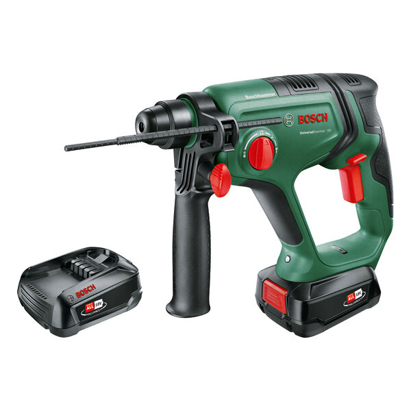 Bosch Akku-Bohrhammer UniversalHammer 18V – 2 Akkus 2.5Ah, Koffer, VibControl, SDS-plus, Zusatzgriff