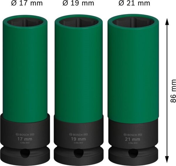 Bosch PRO Impact Steckschlüssel-Set, 1/2", extra tief, 3-tlg, CRMO-Stahl, PET-Abdeckungen, rostschutzbeschichtet