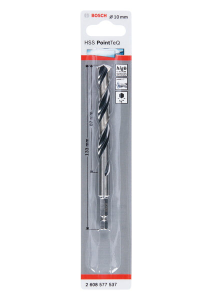 Bosch HSS PointTeQ Sechskantbohrer 10,0 mm – schnelles Bohren, verschleißfest, selbstzentrierend, Schwarzoxid beschichtet