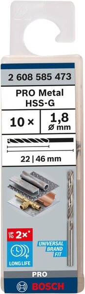 Bosch PRO Metal HSS-G Spiralbohrer 1,8x22x46mm, 10-tlg., langlebig, präzise, hitzebeständig