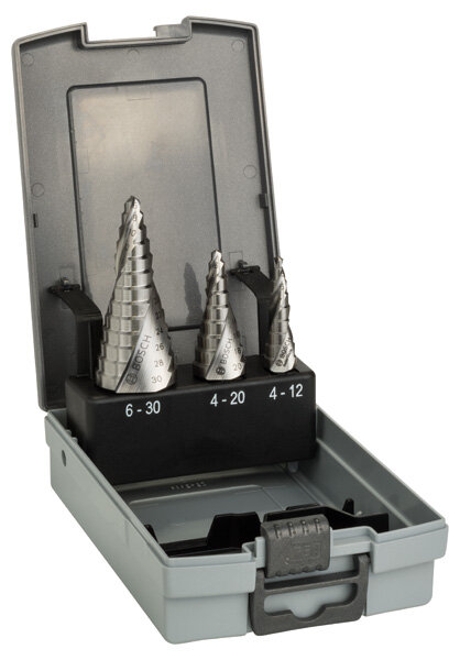 Bosch HSS-Stufenbohrerset, 3-tlg., gratfrei, CNC-gefräst, langlebig mit Kühlmittel, laserbeschriftet