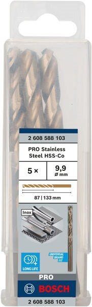Bosch PRO Stainless Steel HSS-Co Spiralbohrer, 9,9x87x133 mm, 5-tlg., kobaltverstärkt, langlebig, präzise, hitzebeständig
