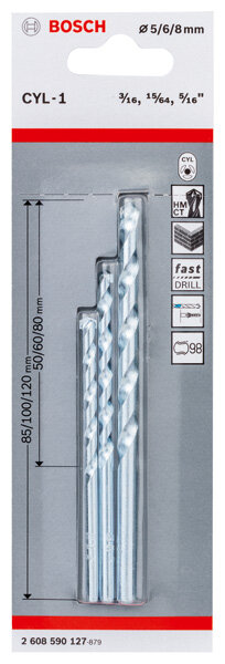 Bosch 3-tlg. CYL-1 Steinbohrer-Set, 5/6/8 mm – Mauerwerk, Carbide-Spitze, effizienter Bohrmehlabtransport