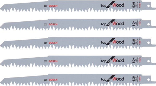 Bosch Säbelsägeblatt S 1531 L, Top for Wood, 5er-Pack – 240 mm, HCS, schnelle Holzschnitte