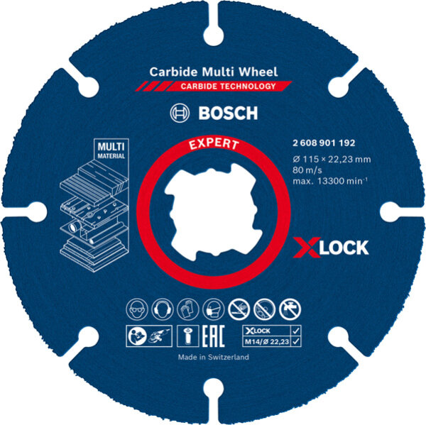 Bosch EXPERT Carbide Multi Wheel X-LOCK, 115 mm, 22,23 mm, Bosch Carbide Tech, hohe Lebensdauer, vielseitig einsetzbar