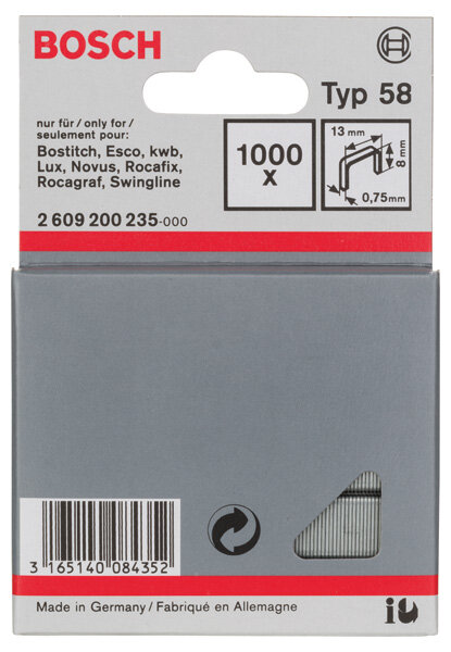 Bosch Feindrahtklammer Typ 58, 13x0,75x8 mm, 1000 St., schmaler Rücken für festen Sitz