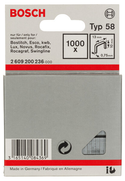 Bosch Feindrahtklammer Typ 58, 13x0,75x10 mm, 1000 St., schmaler Rücken, fester Sitz